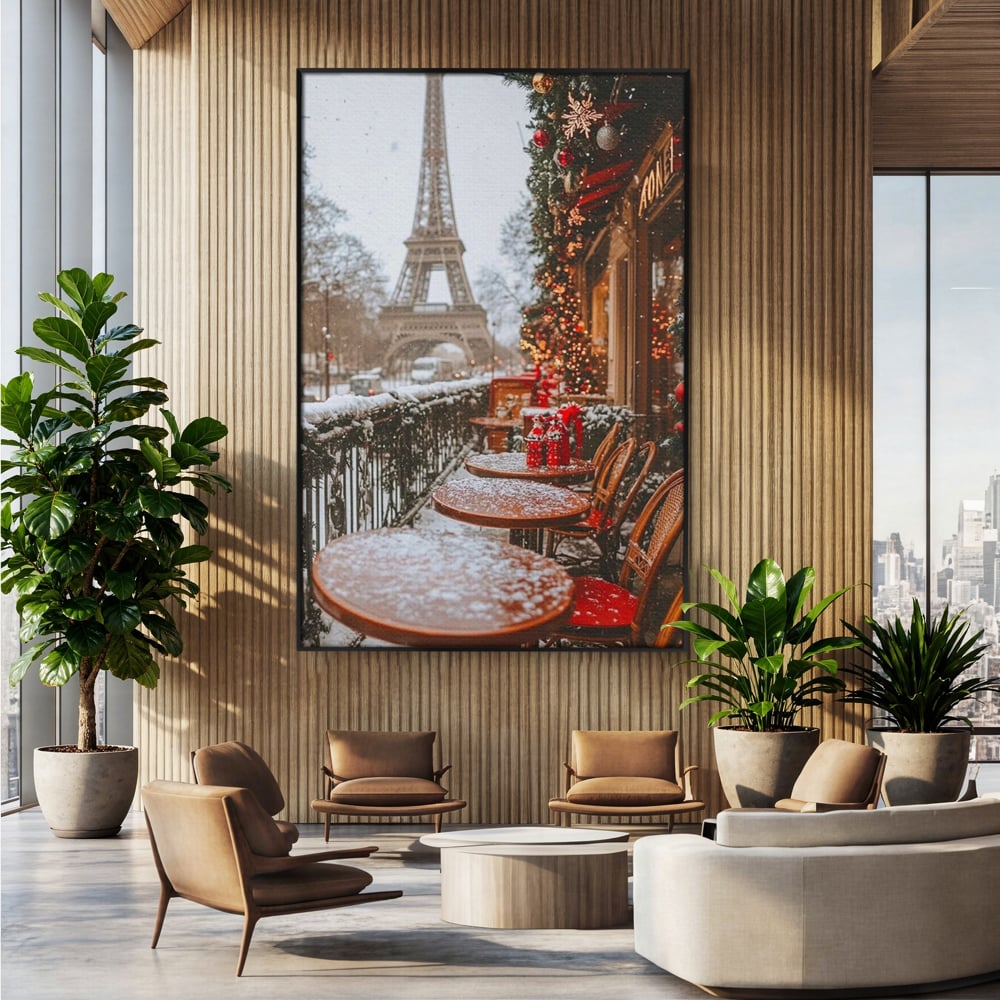 Tablou canvas cu tablou canvas cu turnul eiffel iarna, in rama de aluminiu negru, pe perete intr-un birou
